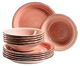 MÄSER 931495 Bel Tempo II, Teller-Set für 6 Personen im modernen Vintage Look, 12-teiliges Tafelservice, handbemalt, Rosa, Steingut