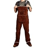 Schweißerkleidung, Hochleistungs-Sicherheitsarbeitsoveralls Rindsleder-Denim-Nähte Schweißerkleidung Flammhemmende Schweißer-Grill-Overalls mit Werkzeugtaschen Werkstattschürzen,Br