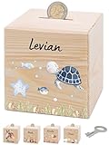 Bärenfreunde® - Personalisierte Spardose Kinder aus Holz mit Metallschloss - Spardose mit Namen mit kinderfreundlichem UV-Druck zum Sparen für Kinderträume (Schildkröte blau)