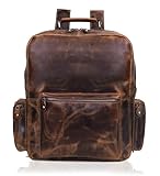 Classic Vintage Buffalo Leather Backpack 14", Laptop Bag Multi Pockets Rucksack Casual Travel Daypack, Dark Brown