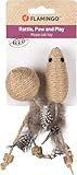 Flamingo Katzenspielzeug – Yutsa Ball & Maus – 13cm – Matatabi-Holz & Jute – mit Rasselgeräusch & Federn – braun – Katzenspielzeug