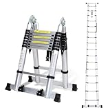 Yakimz Teleskopleiter 5M Teleskop Klappleiter, 2.5M+2.5M Aluminiumleiter Ausziehbare Multifunktionsleiter, 150 kg Belastbarkeit, für Innen Außenbereich, Silber Beinhaltet Eisenteile + Räder