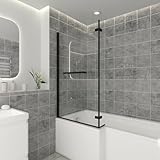 NRG L-förmige Badewannenabtrennung mit Scharnierrücklauf und Handtuchhalter, schwarzer Rahmen, 6 mm Sicherheitsglas, 800 x 1400 mm