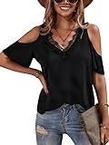 SheIn Damen Cold Scholder Blusen Spitzen V Ausschnitt T-Shirts Kurzarm Oberteil Schulterfrei Tops Chiffonbluse Schwarz XL