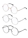 Mudder 3 Paar Retro Metall Brille mit Klarem Glas - Runde Unisex Brillenfassung im Vintage Look, Schwarz, Gold & Silber
