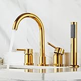Wannenrandarmatur mit Brause 360° Rotierender Schwanenhals 4 Loch Armatur Badewannenrand aus Messing,Gold