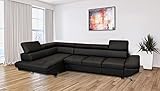Quattro Meble Schwarzes Long-Life Echtleder Ecksofa Varsovia Pik 305 x 173 Sofa Couch mit Bettfunktion und Kopfstützen Echt Leder Eck Couch Leder Toledo (173 x 305 cm Ecke Links)