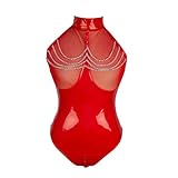 WUUDOA Leder Bodysuit Damen Sexy Wetlook Body Kleid Lackleder Jumpsuit PU Leder Sexy Dessous Ouvert Party Latex Kurze Strampler Clubwear Club Partykleider Kostüm (XL)