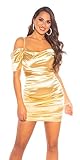 Koucla Off-Shoulder Damen Kleid Party Satin Look Minikleid (Gold, M)