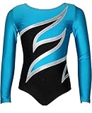 GymStern Turnanzug PLAMAK SPEZIAL Glanz Lycra Mädchen Gymnastikanzug langarm Kinder Turnbody langärmlich Farbe SCHWARZ/WEIß/TÜRKIS, Größe 164
