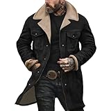 Winterjacke für Herren, Vintage-Jacke aus Wildleder, umgekehrter Kragen, mit Fleece gefüttert, warmer Arbeitsmantel mit Knopf und Taschen, langärmlig, Sherpa, weich, 01 Schwarz, XXXL