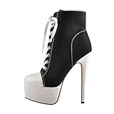 Only maker Damen Plateau Stiefeletten Fashion Sneakers Ankle Boots Schnürstiefeletten aus Canvas Stiletto Absatz Schwarz 46 EU