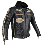 Herren Motorradjacke Lederjacke Biker Jacke mit Protektoren Leder Jacke mit Kapuze Leather Jacket Fashion Jacket Custom (DE/NL/SE/PL, Alphanumerisch, L, Regular, Regular, Braun/Besch Streifen)