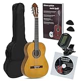 Juan Miguel Navarrez Konzertgitarre, klassische Gitarre, 4/4 honey - Natur, Starter Set (inkl. Tasche, Plektren, Buch mit CD, Stimmgerät)