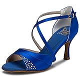 JIA JIA 20522 Damen Sandalen Ausgestelltes Heel Super-Satin Latein Strass Tanzschuhe Farbe Blau,Größe 39 EU
