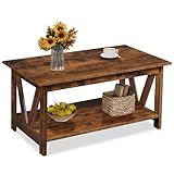 WLIVE Couchtisch Rechteckig, wohnzimmertisch Holz mit offenes Fach, V-Streben, Sofatisch Für Wohnzimmer, Schlafzimmer, vintagebraun-schwarz (V-Streben, vintagebraun-schwarz)