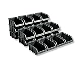 hünersdorff 24 x Sichtbox - Stapelbox Lagerbox SET in Gr. 2 - aus bruchsicherem Polypropylen (PP) - Rezyklat- ideal für Ordnungs- und Sortiersysteme, Wandplatten, Fahrregal, Werkstattregal - Schwarz