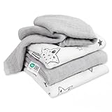 MAKIAN 4 Stück Mulltücher Spucktücher 70 x 70 cm - Mullwindeln doppelt gewebt mit verstärkter Umrandung, maschinenwaschbar bis 60° C, Oeko-TEX® Standard 100 geprüft - Sterne Weiß Grau