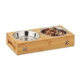 Relaxdays Futterbar für kleine Hunde, 2 Näpfe V je 300 ml, erhöht, Bambus & Edelstahl, HBT: 6,5x31,5x15 cm, Natur/Silber, 1 Stück 10028859