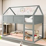 Merax Etagenbett 90 x 200 cm, multifunktionales Hochbett für Kinder, Hütte mit Treppen, Massivholz, Grau (ohne Matratze)