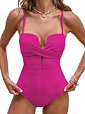 CUPSHE Damen Badeanzug Tiefer Ausschnitt Crossover Wickeloptik Geformte Cups Gerippte Textur Einteilige Bademode Swimsuit Magenta M