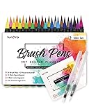 lunera Brush Pen Set Pinselstifte I 50er Set I 24 Aquarellfarben, 8 Letteringpapier + 16 Aquarellpapier, 2 Wassertankpinsel I Mit echter Pinselspitze für Aquarell, Bullet Journal und Kalligraphie