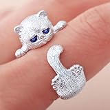 Ushiny Niedlicher Katzenring mit blauem Kristallauge, verstellbarer offener Ring, Katzen-Tierpfoten, persönlicher Ring, Schmuck für Frauen und Mädchen