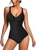 KUMAYES Damen Badeanzug Monokini Bauchweg Schlankheits Badeanzug V Ausschnitt Badebekleidung Bauchweg Bademode Swimsuit (XXL, Schwarz)