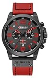 CURREN Luxusmarke für Herren, Militär-Stoppuhr, wasserdicht, Leder, Chronograph, Herrenmode, Quarzuhr (Schwarz/Rot), Schwarz Rot, Quarzuhr, Chronograph
