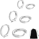 ZKGYUS 3 Paar Silber Creolen für Frauen, 925 Sterling Silber mit Zirkonia, Gelbgold/Weißgold/Rosegold/vergoldet Gun Black Sleeper Knorpel Creolen (8/10/12mm)