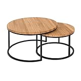 Hochwertiger Couchtisch aus Eiche & Metall - Satztisch aus Massiv Holz im 2er Set | Wohnzimmertisch aus Echtholz - Rund & Modern | Couch Beistelltisch - 50 cm hoch | Wohnzimmer Tisch in Natur braun