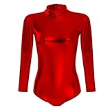 FYMNSI Damen Glänzende Ballettanzug Ballettbody Sport Tanz Body Gymnastikanzug Trikot Langarm Bodysuit Metallic Wetlook Einteiler Turnanzug Leotards Overall Lack Leder Oberteile Tops Kostüm Rot L