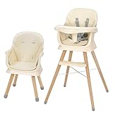 Hochstuhl Baby, Kinderhochstuhl, Babystuhl, Kombihochstuhl, Beine aus Holz, umwandelbar zu Sitzerhöhung & Barhocker, mit 5-Punkt-Gurt und abnehmbare Tablett (Beige)