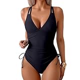 DOINEUFL Badeanzug Damen Bauchweg – Sexy Monokini mit Push Up, V-Ausschnitt & Verstellbaren Trägern, Einteilige (DE/NL/SE/PL, Alphanumerisch, M, XL, Regular, Regular, Standard, Schwarz)
