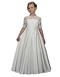 Hongyangjing Erstkommunionskleid für Mädchen, halblange Ärmel, Spitze, Satin, formell, weiß, Blumenmädchenkleid für Kirche, Hochzeit, weiß, 11-12 Jahre