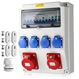 EYPINS Baustromverteiler mit LS+FI, Wandverteiler 4x 230V Schuko-Steckdosen, 2x CEE-Steckdosen 16A/32A Stromverteiler IP66 Wasserdicht, flammhemmende ABS Verteiler für Innen/Außen Werkstätten Fabriken