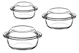 3er Set Glas Auflaufform rund mit Deckel Bräter Schüssel Schale Glasschale 6tlg