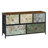 WOLTU Kommode mit 5 Schubladen aus Stoff, Schubladenschrank, TV Kommode, für Wohnzimmer Schlafzimmer Flur, Rustikales Braun mit Vintage-Blumenmotiv, 100x54x30 cm, SSK005pw