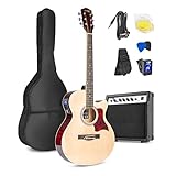MAX ShowKit Elektro Akustik Gitarre Set mit Verstärker 40 Watt, Gitarrentasche, Gitarrenstimmgerät, Instrumentenkabel, Plektrum und E Akustikgitarre mit Tonabnehmer, Natur Holz
