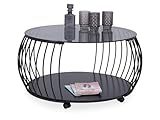 M2 Kollektion Shanghai 1 – Runder Couchtisch mit Glasplatte, Ø 60 cm, H 45 cm | Schwarzes Metallgestell | Mit Ablage & Rollen | Modernes Industrial-Design | Pflegeleicht & stabil