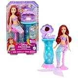 Mattel Disney-Princess-Spielzeuge, Schminkmuschel Meerjungfrau-Arielle-Modepuppe mit abnehmbarer Schwanzflosse, Schminktisch mit 5 wiederholbaren Pop-up-Überraschungen und 5 Accessoires, JBF86