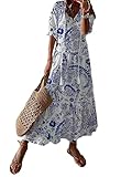 ORANDESIGNE Damen Sommer Freizeitkleid Ärmelloses Maxikleid Einfarbig Hohe Taille Sexy Tiefes V-Ausschnitt Langes Kleid Chiffon Spitzenkleid mit Punktdruck Boho Strandkleid L Blau XL