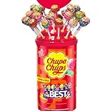 Chupa Chups Best of Lutscher-Dose mit Logo-Aufsatz, enthält 100 Lollis in 7 Geschmacksrichtungen, praktische Pop-Art Aufbewahrungs-Dose, geeignet für Geburtstag, 100 x 12g