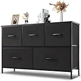 DUMOS Kommode mit Schubladen - Kommoden & Sideboards für Schlafzimmer Geeignet, Komodenschrank mit 5 Schubladen, Stoffkommode mit Stabilem Stahlrahmen, Ideal für Schlafzimmer, Wohnzimmer (Schwarz)