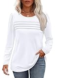 Cuptacc Langarmshirt Damen Weiss Puffärmel Mit Knöpfen Rundhals Tshirt Damen Baumwolle Falten Oberteile Herbst Weiß XL 46-48