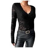 Damen Spitzen Bluse Durchsichtig Spitzenshirt Langarm Spitzenbluse Elegant Oberteil Spitzentop Party Outfit Mit Spitze Mesh Oberteil Mit V Ausschnitt Sexy Netzstoff Shirt Streetwear (Black, L)