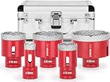 Diamant Fliesenbohrer Set für Fliesen / Glasbohrer / Feinsteinzeug Bohrer | 20-35-45-55-68 mm | PREMIUM Bohrer für Winkelschleifer | Aluminium KOFFER | Keramikbohrer /Granitbohrer/ Porzellanbohrer