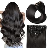 SUYYA Clip in Extensions Echthaar, Salon Remy Menschenhaar Extensions Echthaar Gerade Glatt Chthaar Extensions Clip Doppelt Genäht 14 Zoll 35cm 7 Stück 70G #1B Natürliches Schwarz