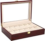Uhrenbox mit 12 Fächern, Uhrenkasten aus Massivholz, mit Glasdeckel, Uhrenkoffer mit herausnehmbaren Uhrenkissen