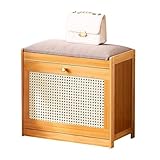 Rustikale Holzbank mit Stauraum für den Eingangsbereich, 70 cm Schuhbank mit Leinenkissen, Sitz und Tür, Massivholzmöbel für Flur und Schlammraum Organisation